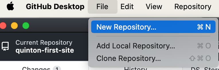 GitHub Desktop File menu with New Repository highlighted.