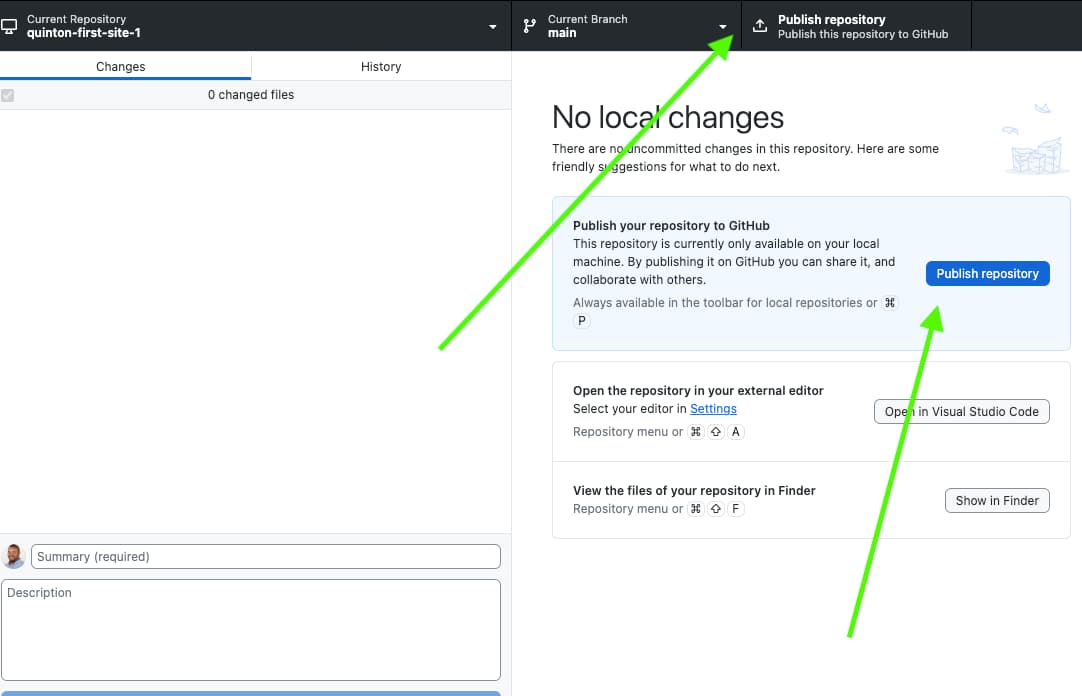 GitHub Desktop showing the Publish repository button in the toolbar and panel.