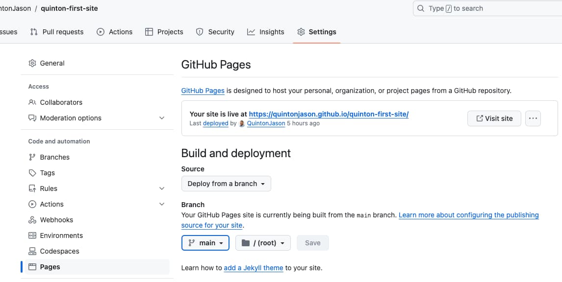 GitHub Pages settings showing a live published site URL and a Visit site button.