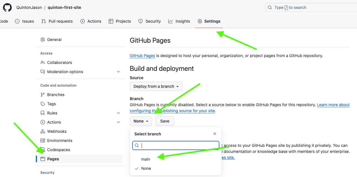 GitHub repository settings page showing the Pages section and branch dropdown set to main.