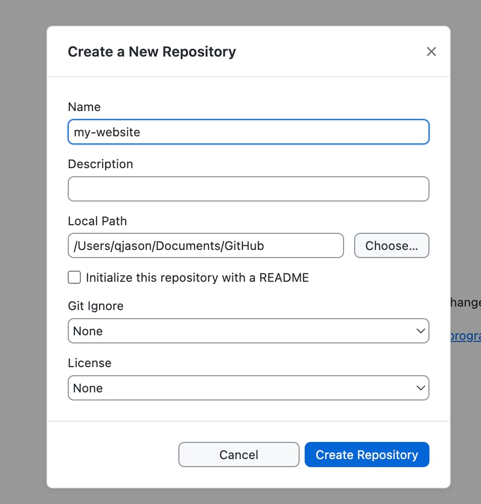 GitHub Desktop Create a New Repository dialog with my-website entered as the repository name.