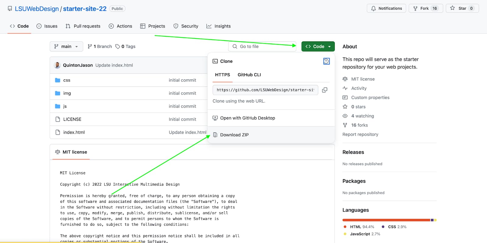 GitHub repository page for starter-site-22 with the Code button open and Download ZIP highlighted.