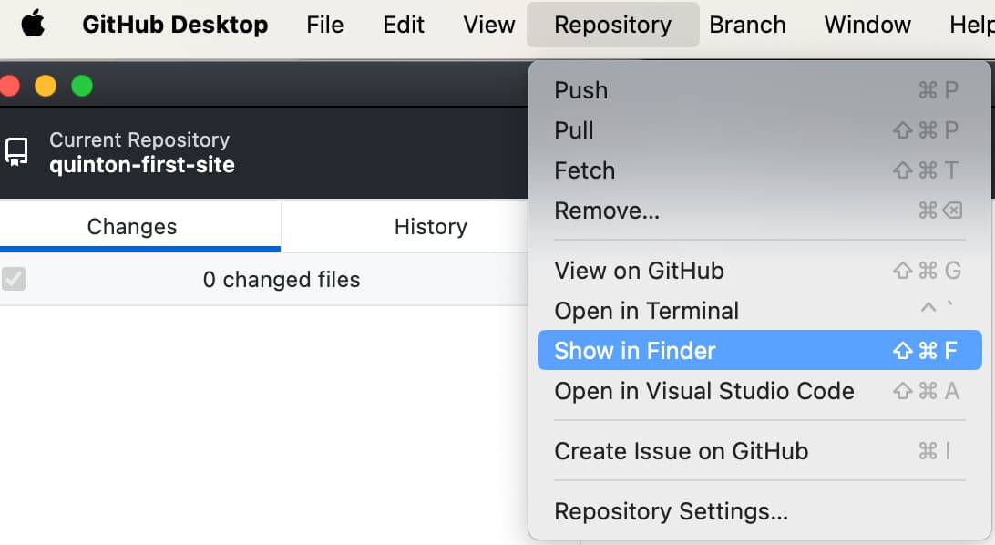GitHub Desktop Repository menu with Show in Finder highlighted.