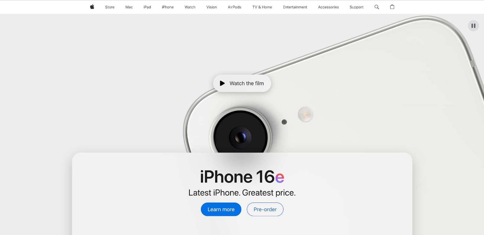 Apple iPhone hero section with product closeup, compact headline, and two calls to action.