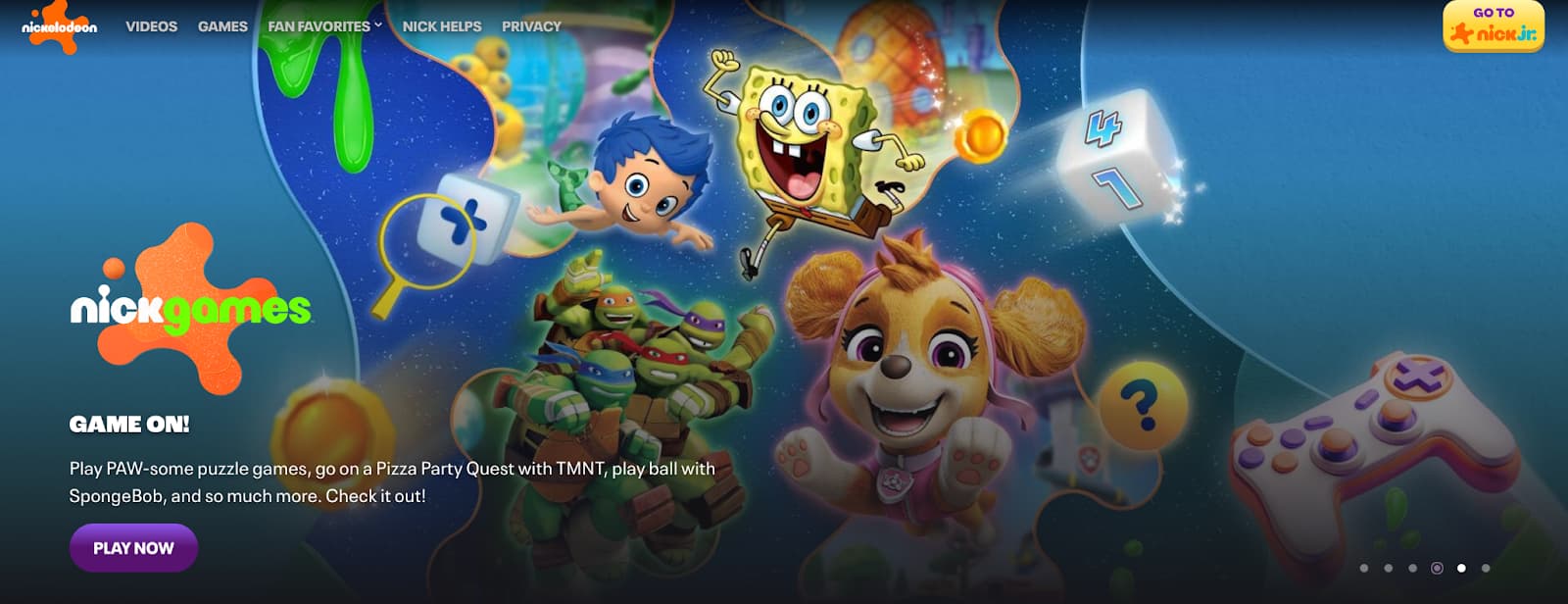 Nickelodeon games hero section with character artwork, playful typography, and a play now call to action.