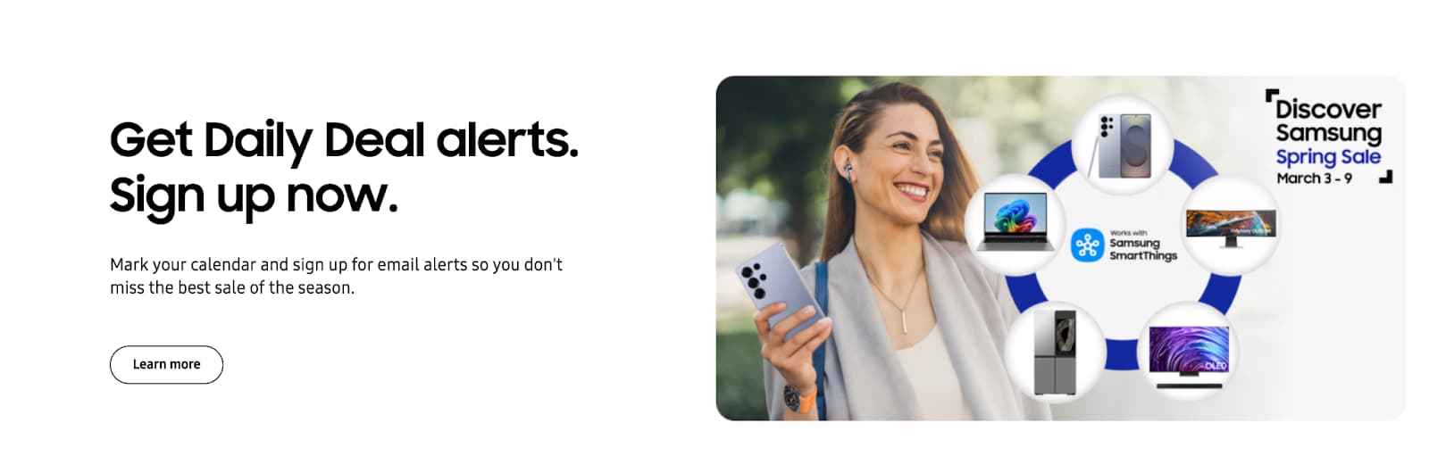 Samsung hero section with large sale alert copy, a CTA, and promotional product imagery.