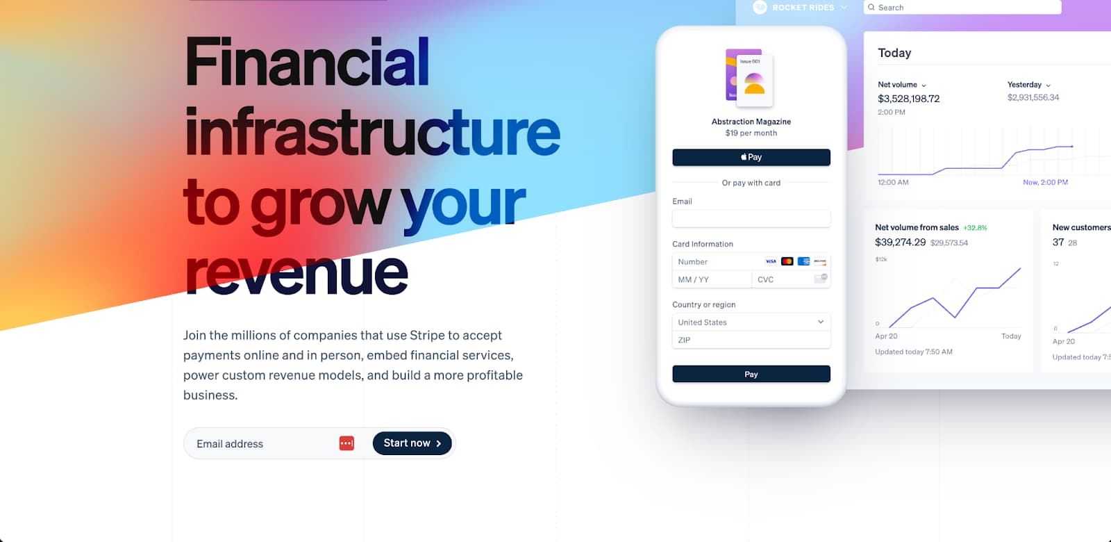 Stripe hero section with a large headline, colorful background, payment form, and dashboard interface.
