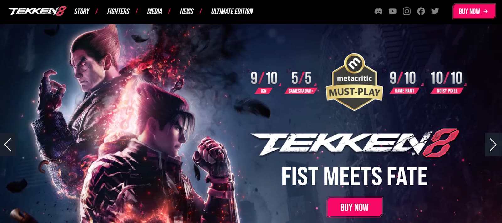 Tekken 8 hero section with dramatic game art, review scores, and a buy now call to action.